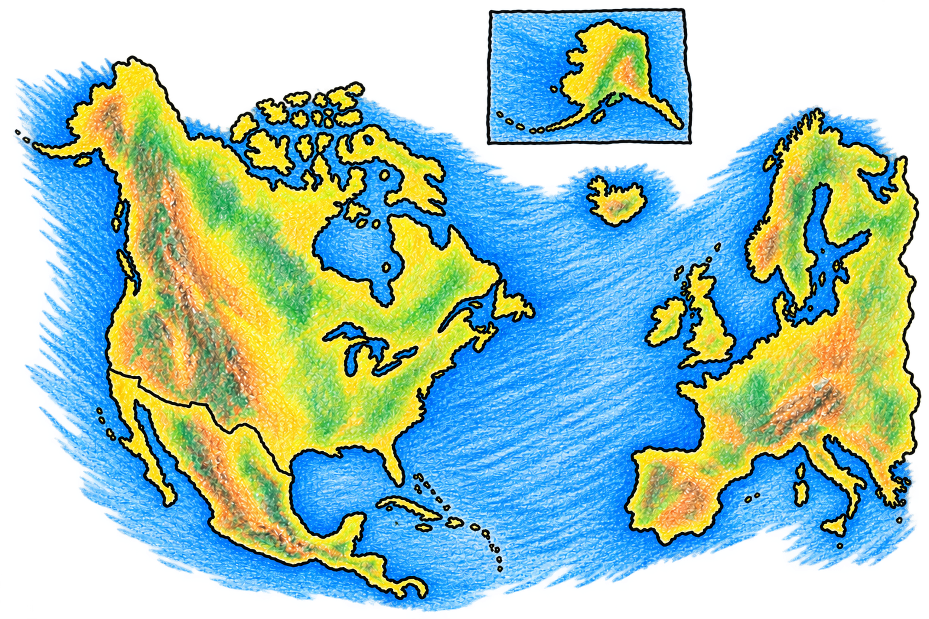 Illustrated map showing Mexico and the United States on the left, northern Europe on the right, and Alaska in a separate inset.